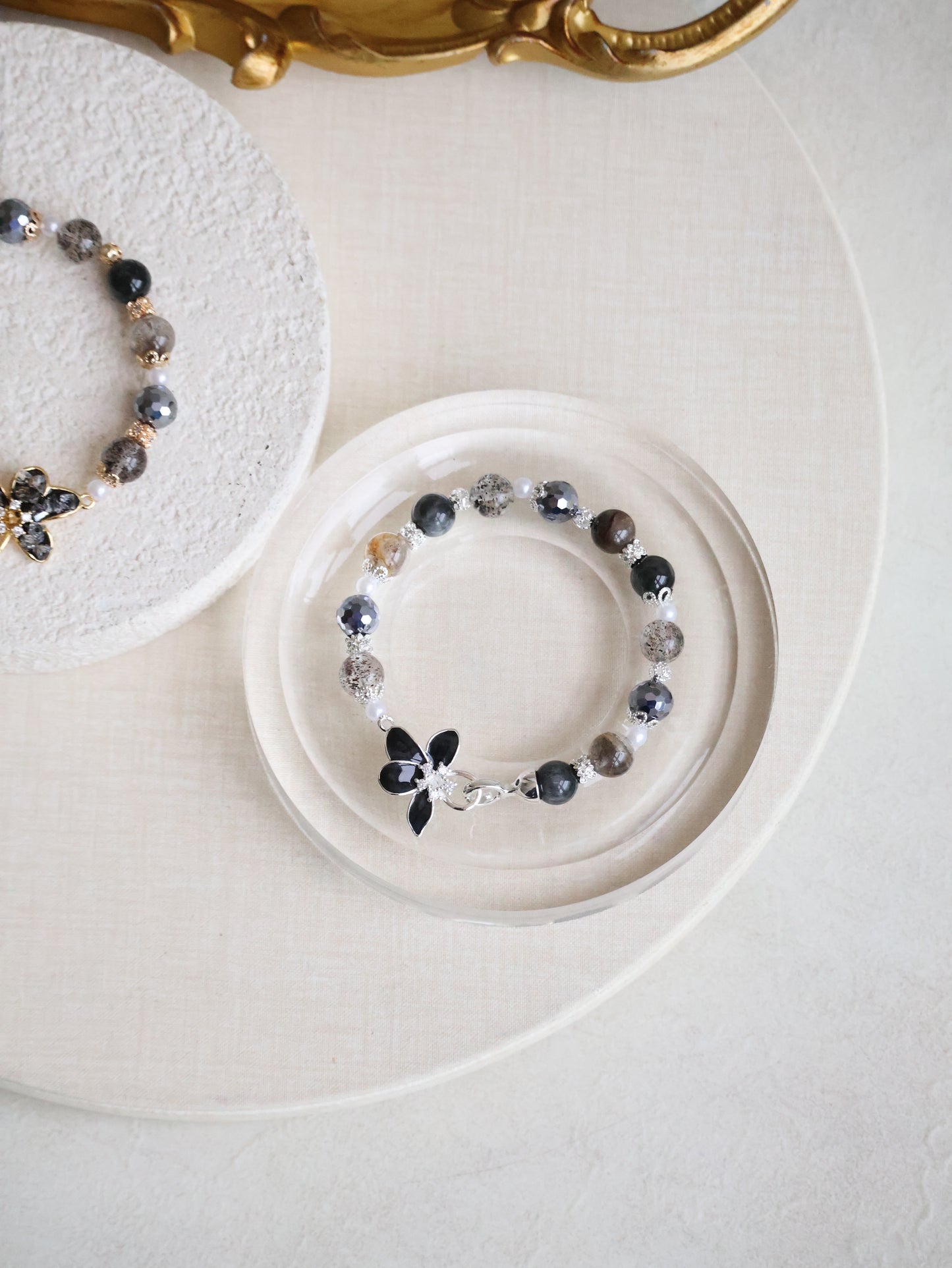 Black Strawberry Quartz, Hematite, Herkimer Diamond & Grey Tiger’s Eye — Plumeria Black | 8mm (Elastic, OT Clasp)