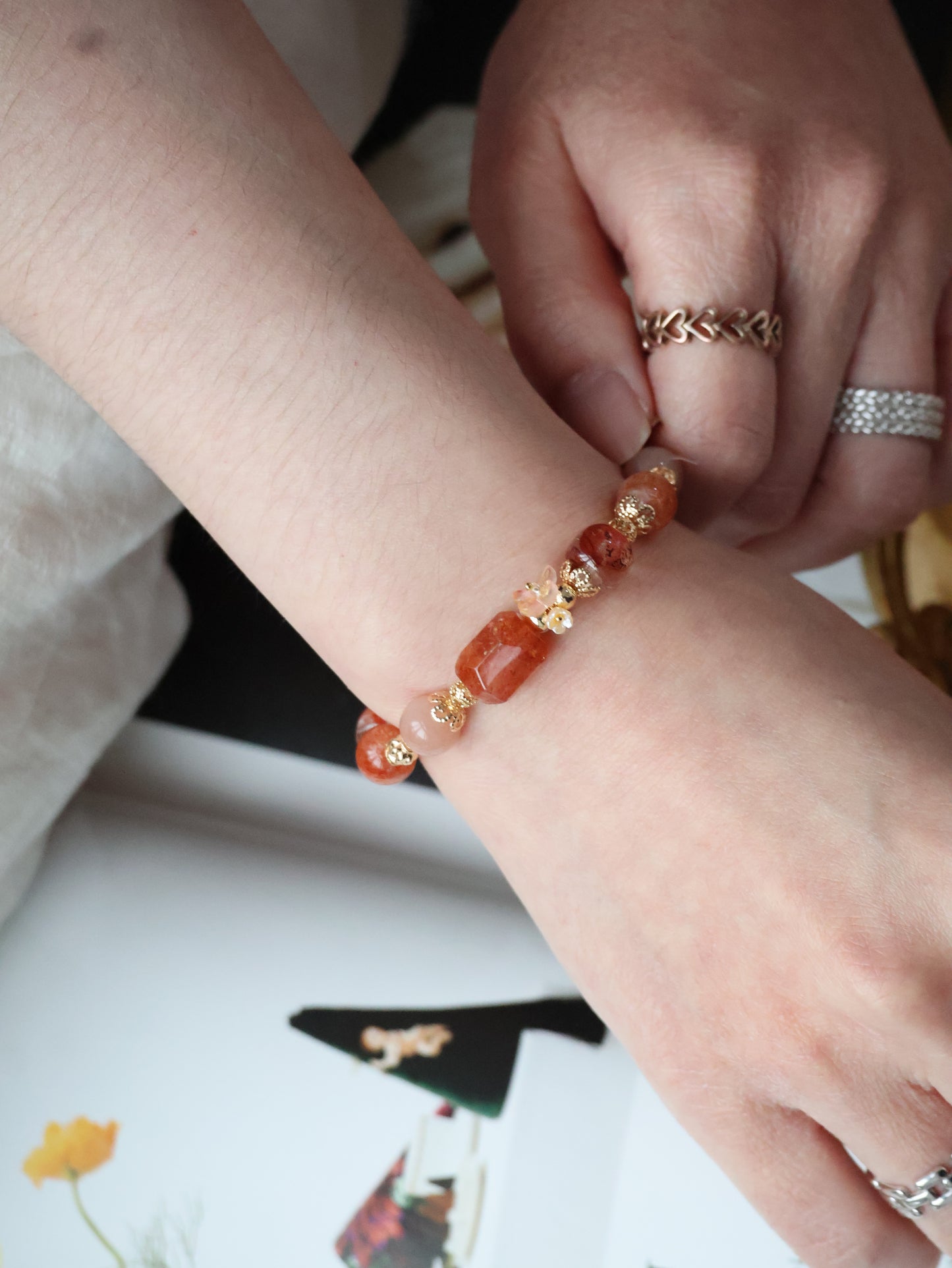 Sunstone, Fire Quartz & Peach Moonstone Crystal Bracelet — Apricot | 8mm (Elastic)