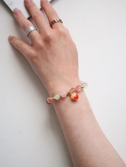 Strawberry Quartz, Prehnite, Rose Quartz & Heated Copper Rutile Crystal Bracelet with Dangly Strawberry Charm — Anya | 8mm (Elastic)