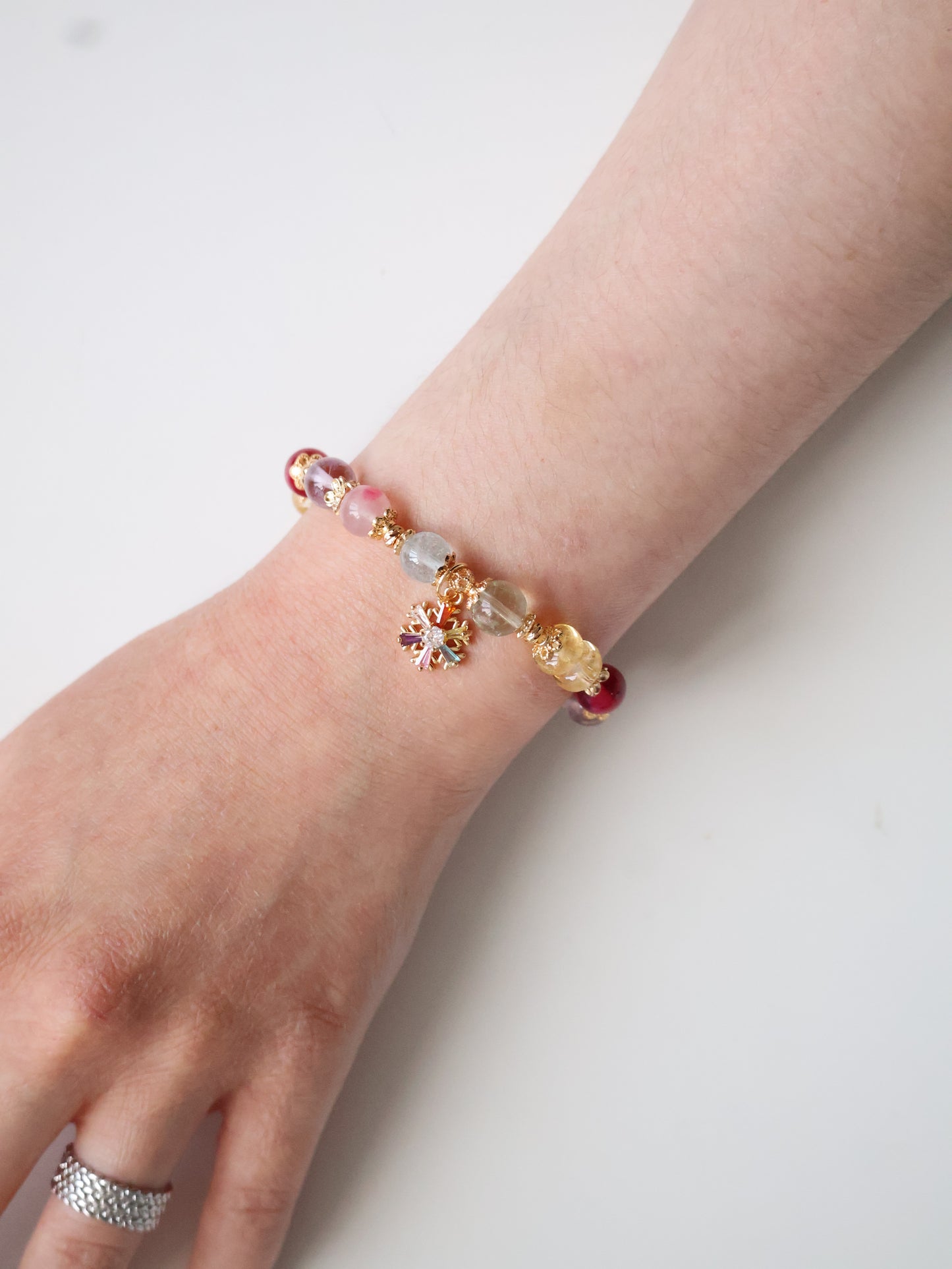 Prasiolite, Amethyst, Blue Topaz, Sakura Rhodonite, Red Star Ruby & Citrine Rondelles Multigem Crystal Bracelet — Prismette Duobao | Multi-Coloured Snowflake (Elastic)