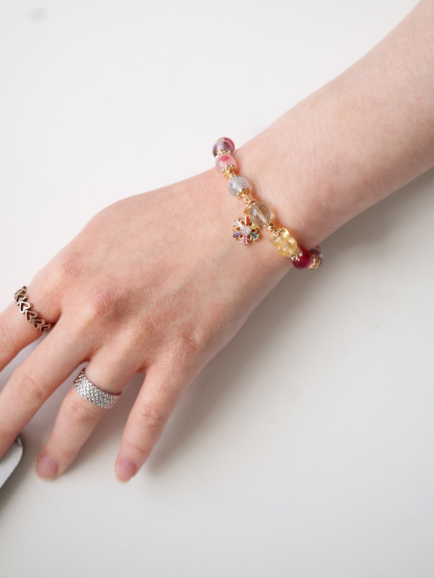 Prasiolite, Amethyst, Blue Topaz, Sakura Rhodonite, Red Star Ruby & Citrine Rondelles Multigem Crystal Bracelet — Prismette Duobao | Multi-Coloured Snowflake (Elastic)