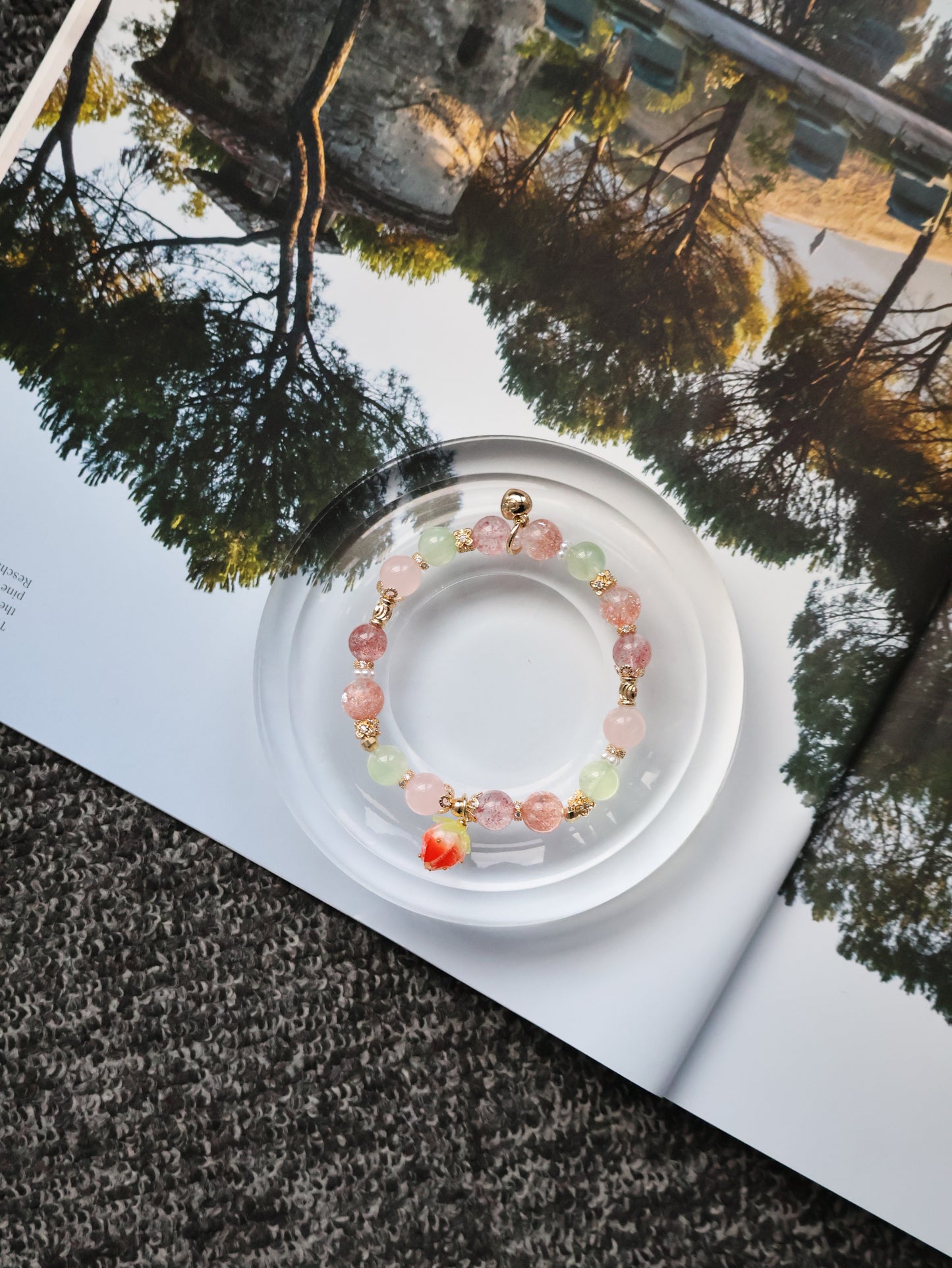 Strawberry Quartz, Prehnite, Rose Quartz & Heated Copper Rutile Crystal Bracelet with Dangly Strawberry Charm — Anya | 8mm (Elastic)