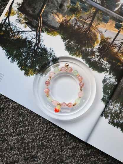 Strawberry Quartz, Prehnite, Rose Quartz & Heated Copper Rutile Crystal Bracelet with Dangly Strawberry Charm — Anya | 8mm (Elastic)
