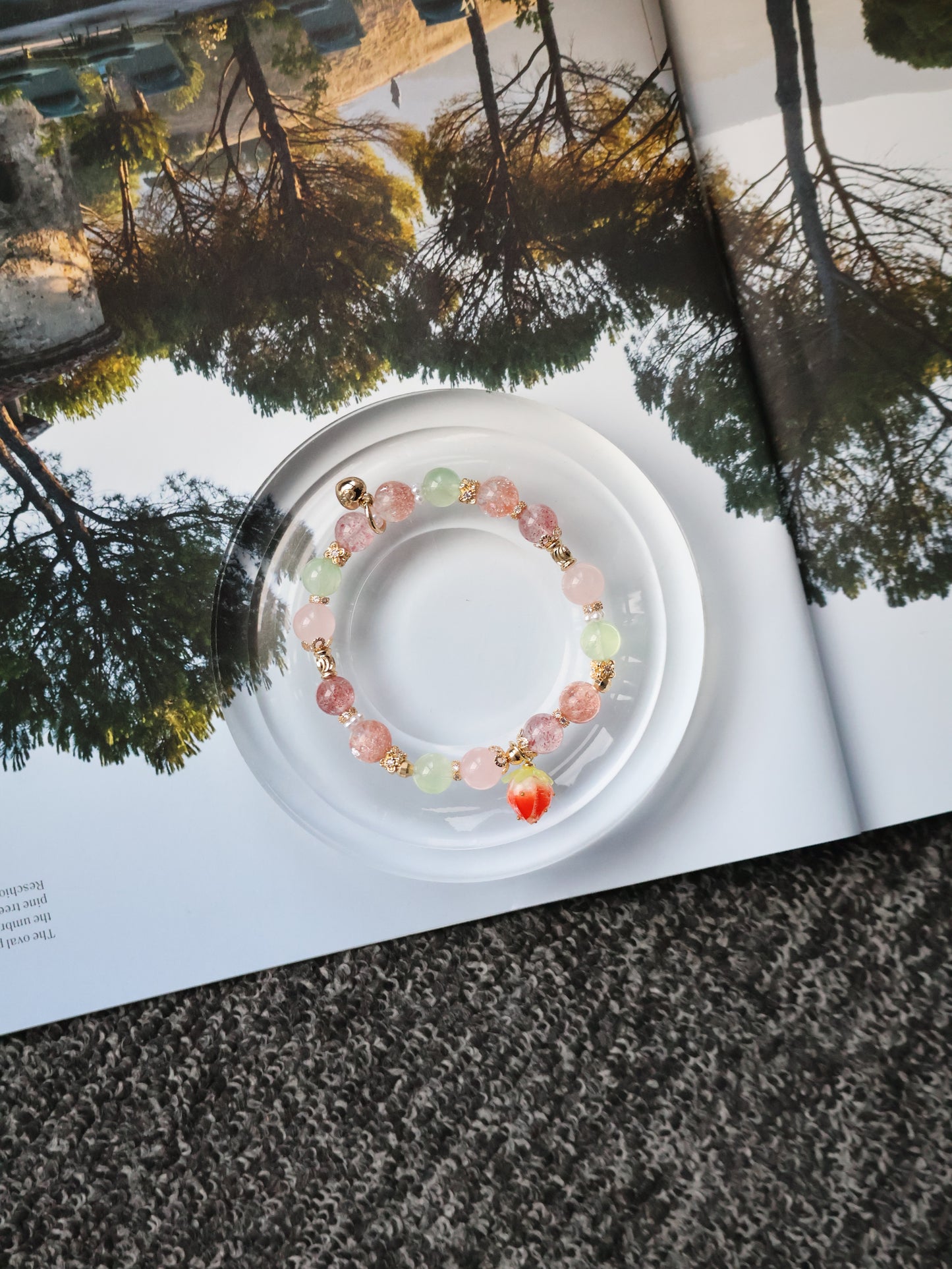 Strawberry Quartz, Prehnite, Rose Quartz & Heated Copper Rutile Crystal Bracelet with Dangly Strawberry Charm — Anya | 8mm (Elastic)