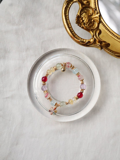 Prasiolite, Amethyst, Blue Topaz, Sakura Rhodonite, Red Star Ruby & Citrine Rondelles Multigem Crystal Bracelet — Prismette Duobao | Multi-Coloured Snowflake (Elastic)