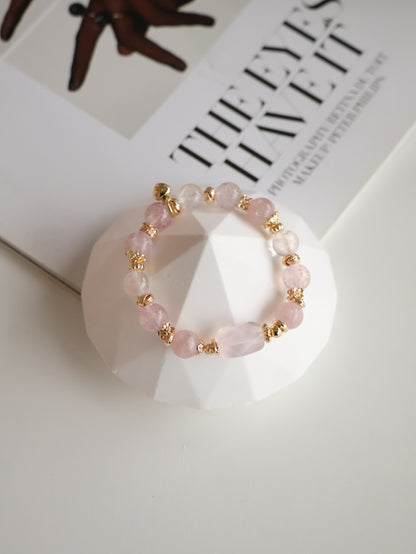 Pink Purple Emerald Mica, Strawberry Quartz & Rose Quartz Crystal Bracelet with Freeform — Ophelia | 10mm (Elastic)