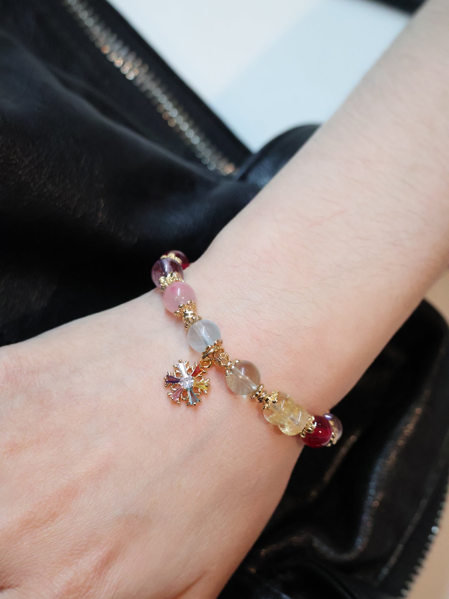 Prasiolite, Amethyst, Blue Topaz, Sakura Rhodonite, Red Star Ruby & Citrine Rondelles Multigem Crystal Bracelet — Prismette Duobao | Multi-Coloured Snowflake (Elastic)