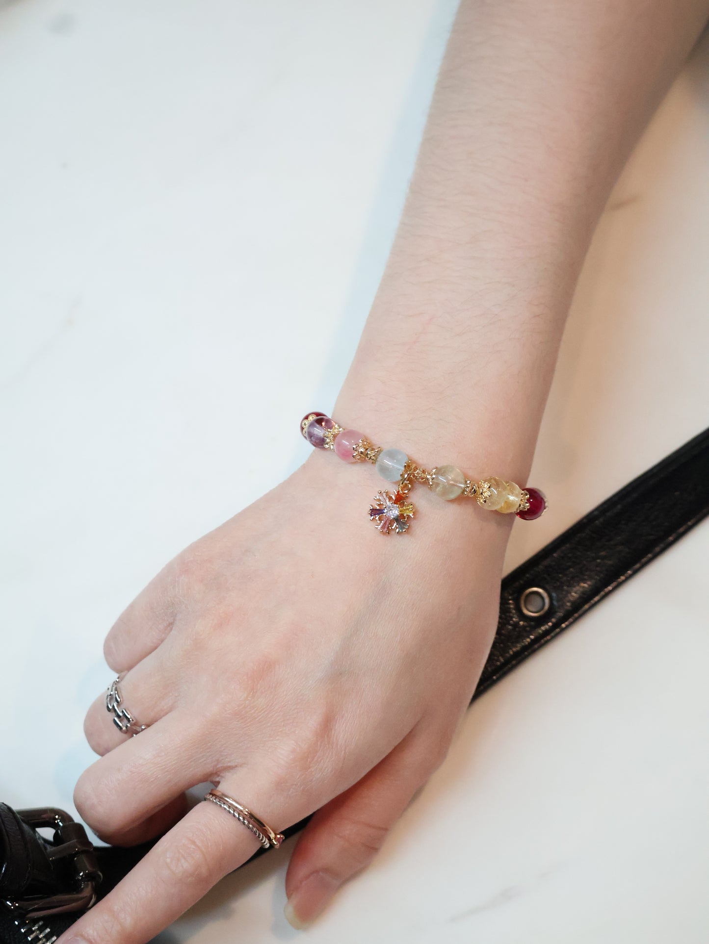 Prasiolite, Amethyst, Blue Topaz, Sakura Rhodonite, Red Star Ruby & Citrine Rondelles Multigem Crystal Bracelet — Prismette Duobao | Multi-Coloured Snowflake (Elastic)
