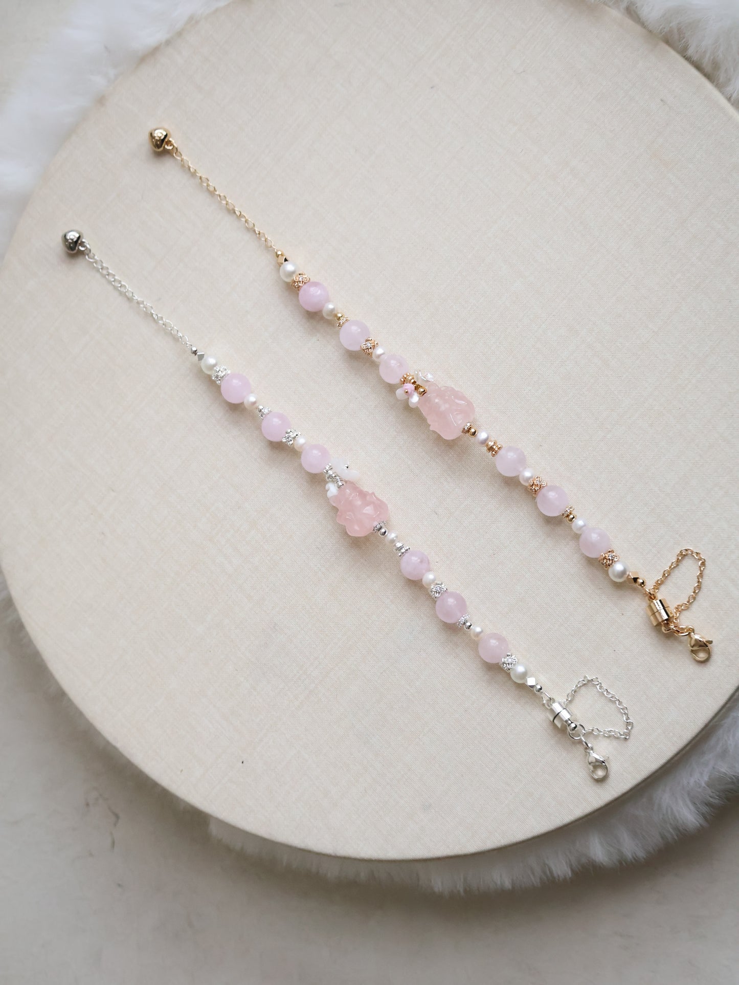 Freshwater Pearl, Snow Garden Rose Quartz, Rose Quartz with Nine-tail Fox Carving – Kyubi Blossom | 8mm (Elastic, Magnetic Opening)