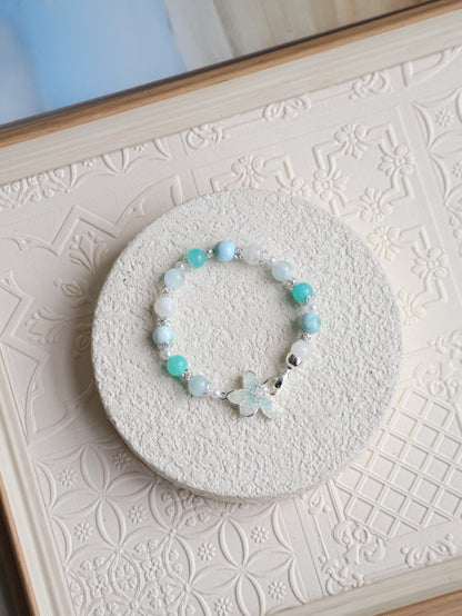 Aquamarine, Larimar, White Garden Quartz & Amazonite — Plumeria Blue | 8mm (Elastic, OT Clasp)