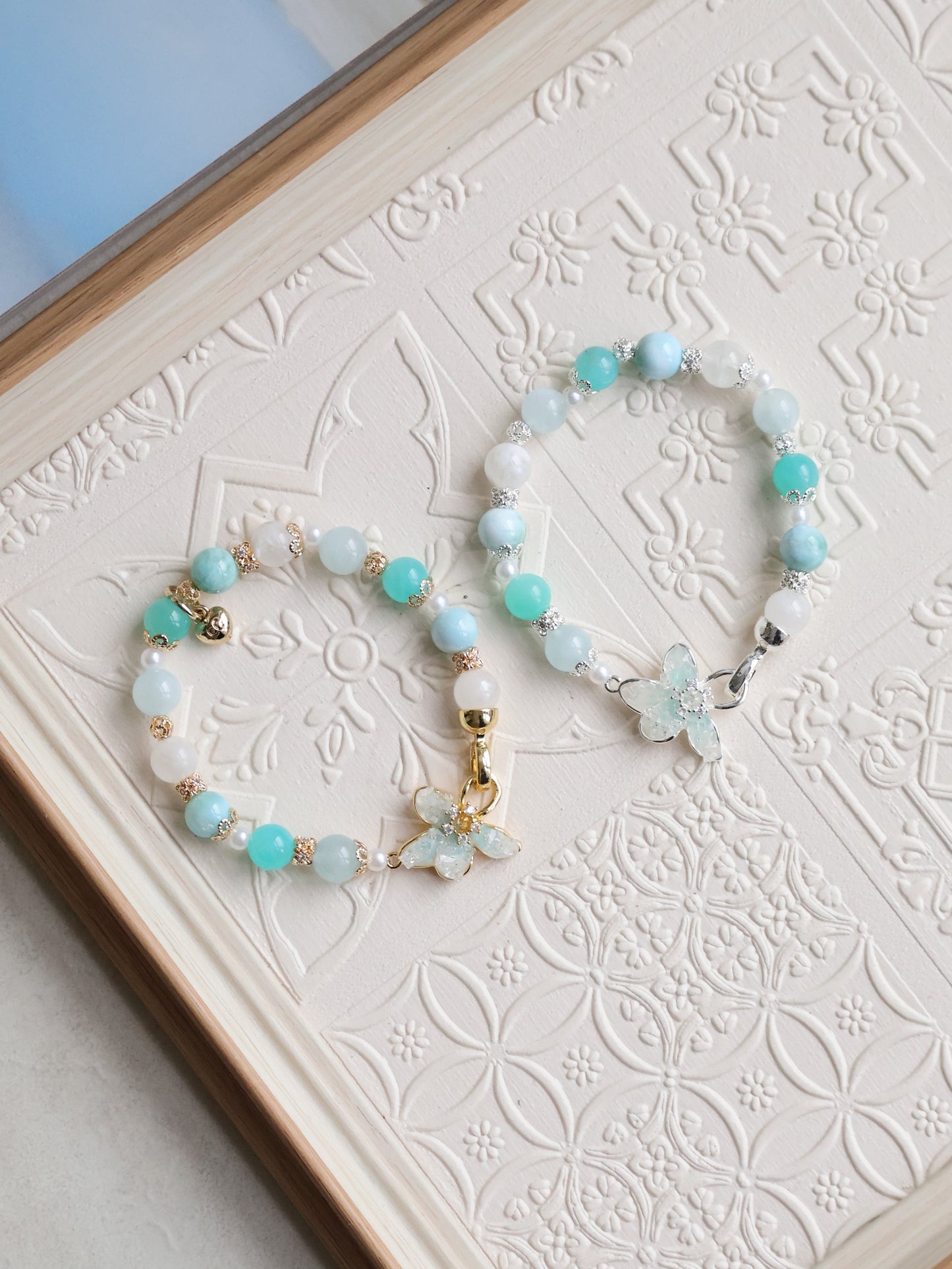 Aquamarine, Larimar, White Garden Quartz & Amazonite — Plumeria Blue | 8mm (Elastic, OT Clasp)