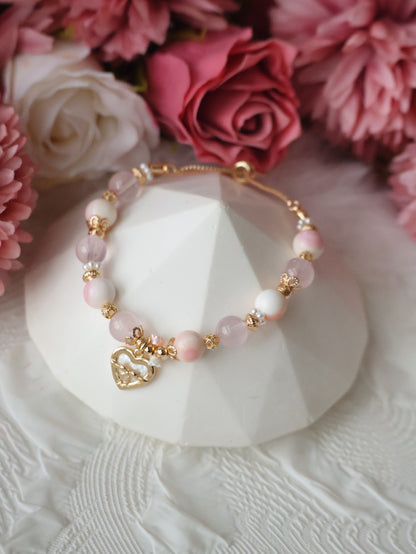 Queen Conch, Rose Quartz with Dangly White Conch Heart Charm — Mallow | 8mm (Elastic, Push Pull)