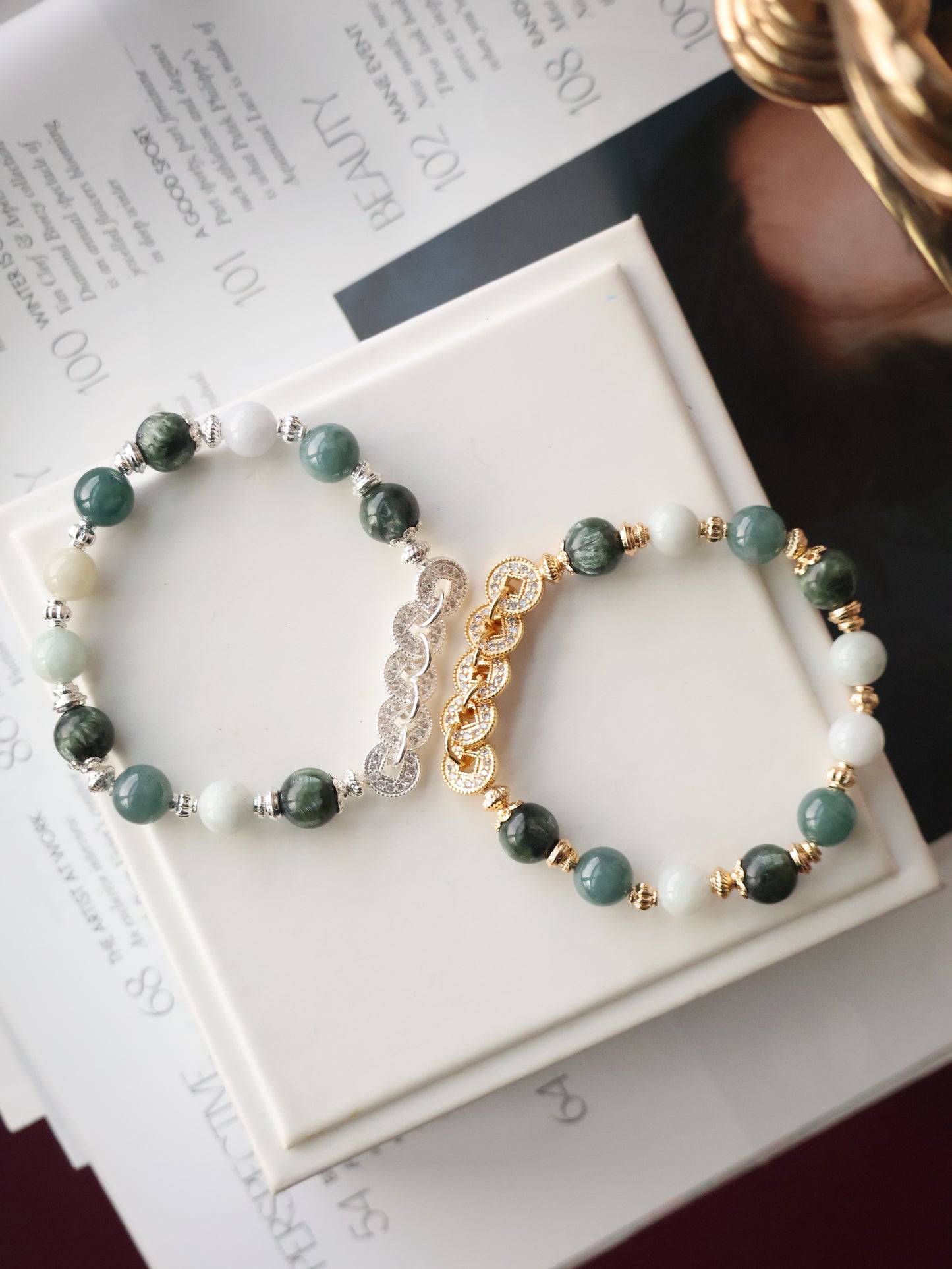 Seraphinite, Blue Water Jadeite & Green Jadeite Crystal Bracelet — Fengshui Coins Eirene | 8mm (Elastic)