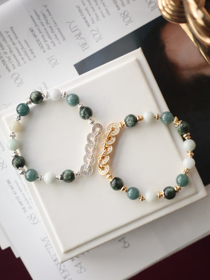 Seraphinite, Blue Water Jadeite & Green Jadeite Crystal Bracelet — Fengshui Coins Eirene | 8mm (Elastic)