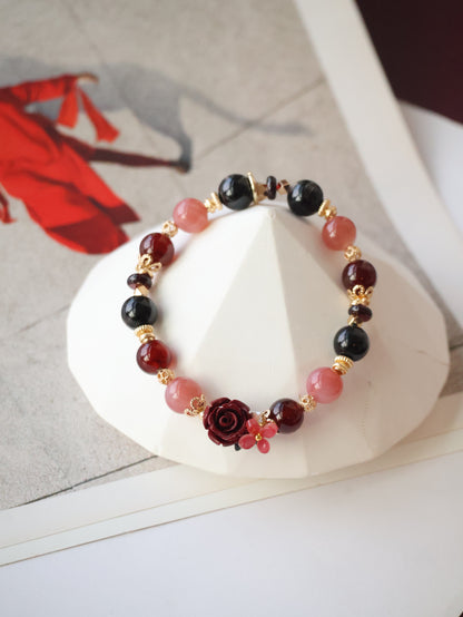 Yan Yuan Agate, Hypersthene & Garnet with Cinnabar Rose Carving — Rewine | 8mm (Elastic)