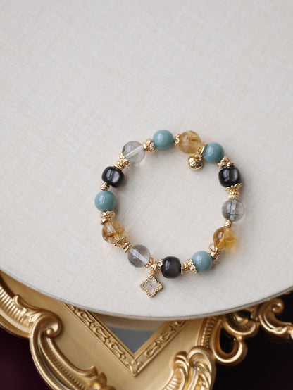 Citrine, Black Obsidian, Herkimer Diamond & Blue Water Jadeite Crystal Bracelet with Clover Charm — The Luxe Edit | 10mm (Elastic)