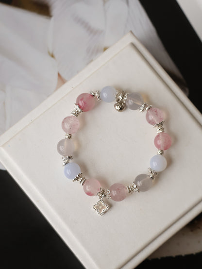 Strawberry Quartz, Blue Chalcedony, Rhodonite & Lavender Moon Quartz Crystal Bracelet with Clover Charm — The Luxe Edit | 10mm (Elastic)