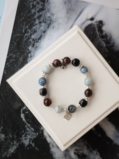 Black Obsidian, Black Gold Super 7, Devil Blue Aquamarine & Wuji Jadeite Crystal Bracelet with Clover Charm — The Luxe Edit | 10mm (Elastic)