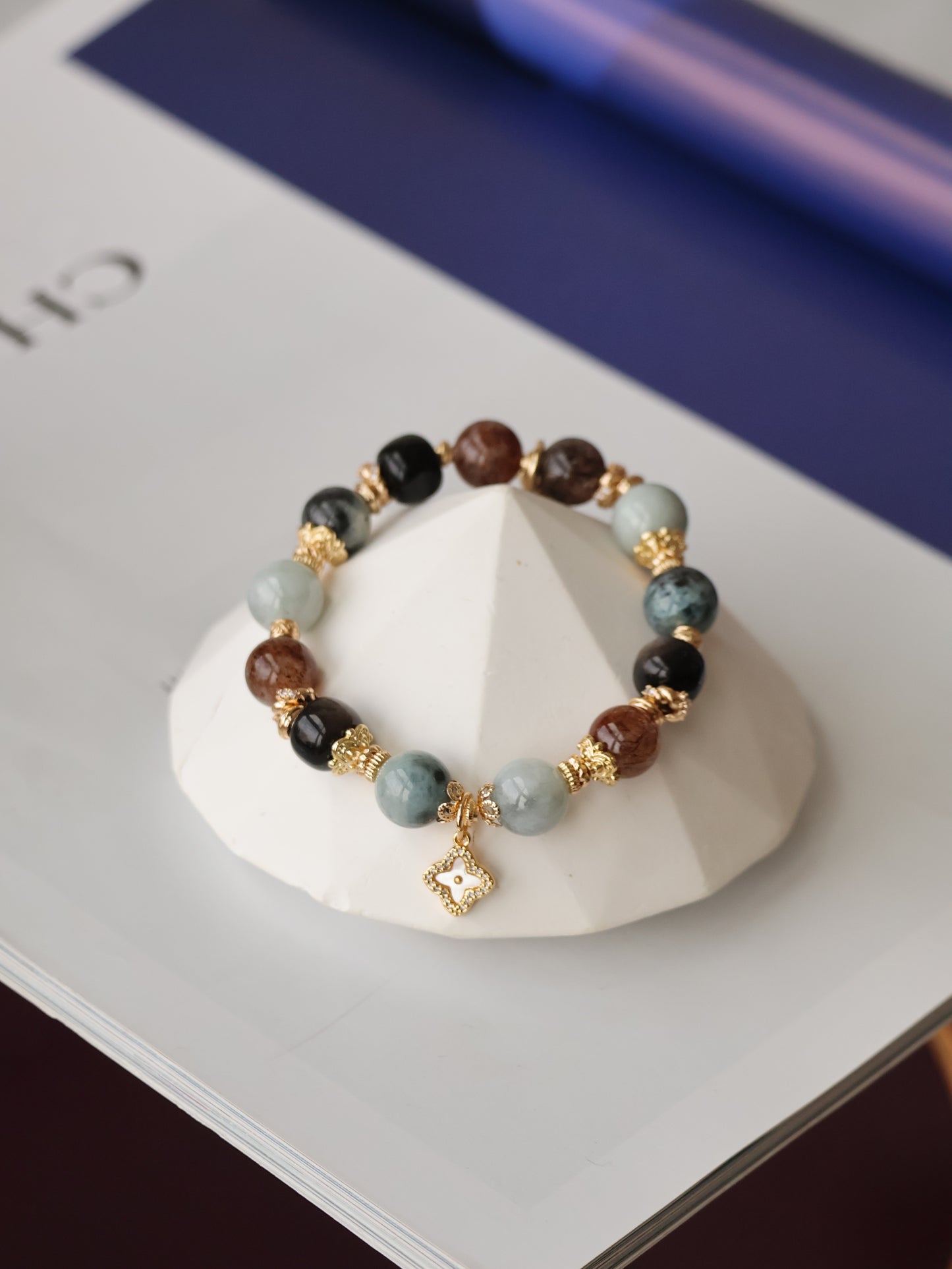 Black Obsidian, Black Gold Super 7, Devil Blue Aquamarine & Wuji Jadeite Crystal Bracelet with Clover Charm — The Luxe Edit | 10mm (Elastic)