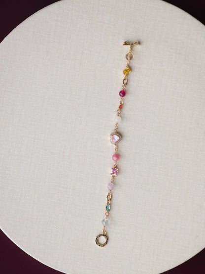 Rhodonite, Citrine, Moonstone, Blue Topaz, Ruby & Pink Purple Emerald Mica — Duobao Multi Gem with Heart Charm and Gem Charms | 6mm (OT Clasp, Chain)