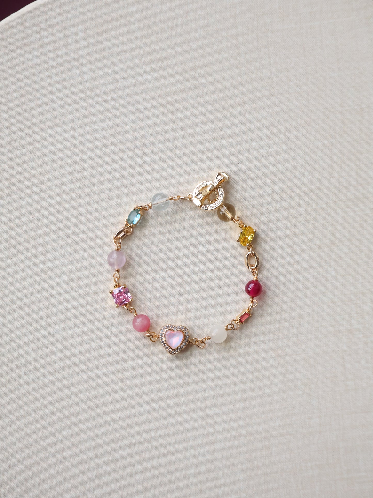 Rhodonite, Citrine, Moonstone, Blue Topaz, Ruby & Pink Purple Emerald Mica — Duobao Multi Gem with Heart Charm and Gem Charms | 6mm (OT Clasp, Chain)