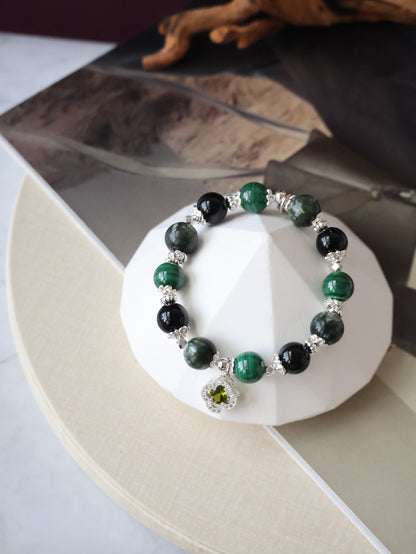 Malachite, Seraphinite & Black Tourmaline Crystal Bracelet — Cordelia Twin Sparkly Clover | 8mm + 10mm (Elastic)