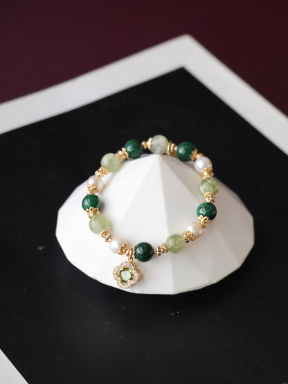 Malachite, Green Emerald Mica & Freshwater Pearl Crystal Bracelet — Cordelia Twin Sparkly Clover | 8mm + 10mm (Elastic)