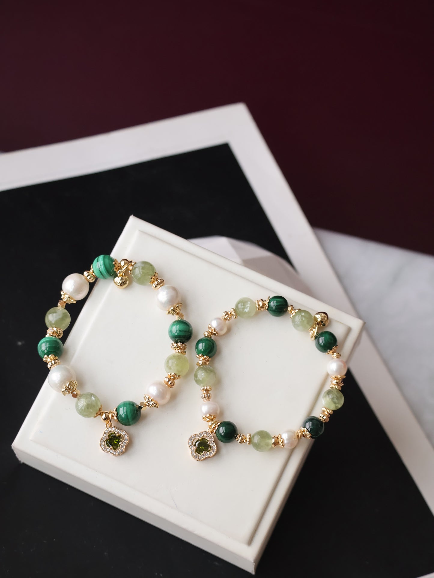 Malachite, Green Emerald Mica & Freshwater Pearl Crystal Bracelet — Cordelia Twin Sparkly Clover | 8mm + 10mm (Elastic)