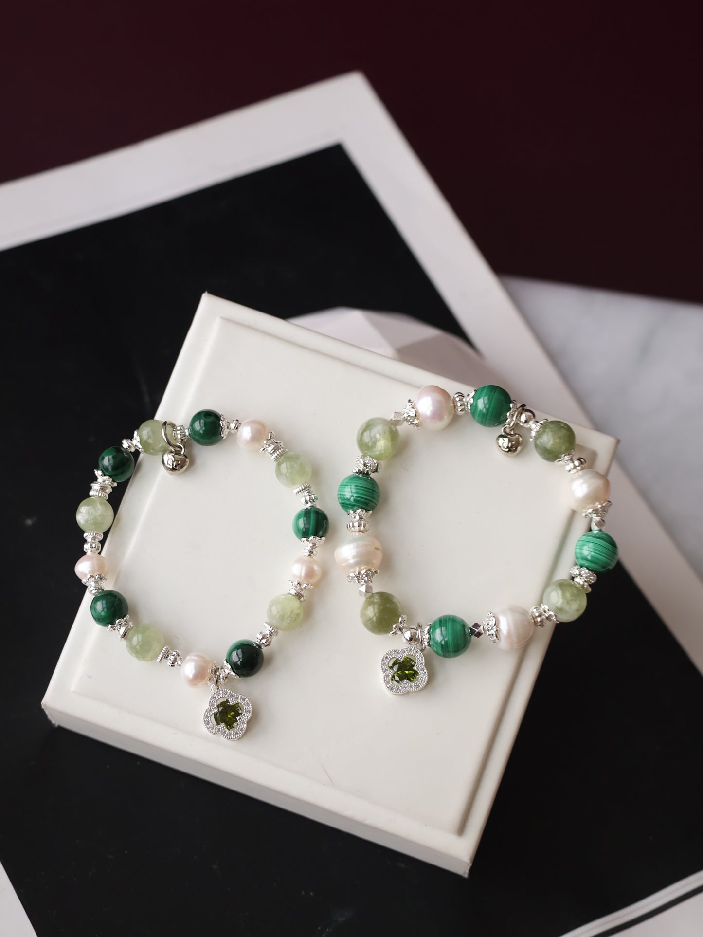 Malachite, Green Emerald Mica & Freshwater Pearl Crystal Bracelet — Cordelia Twin Sparkly Clover | 8mm + 10mm (Elastic)