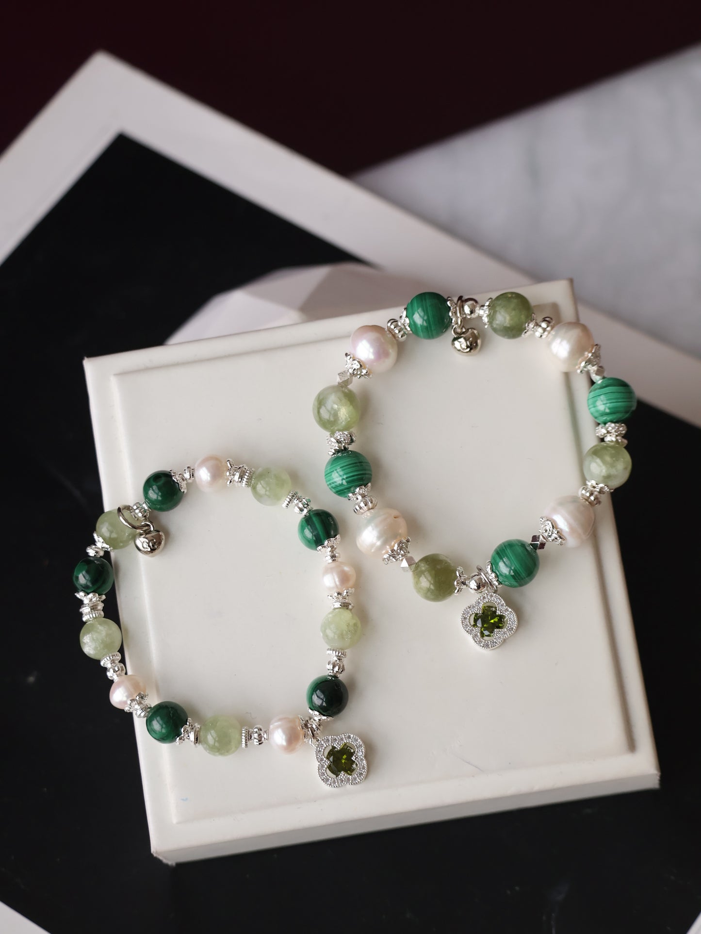Malachite, Green Emerald Mica & Freshwater Pearl Crystal Bracelet — Cordelia Twin Sparkly Clover | 8mm + 10mm (Elastic)