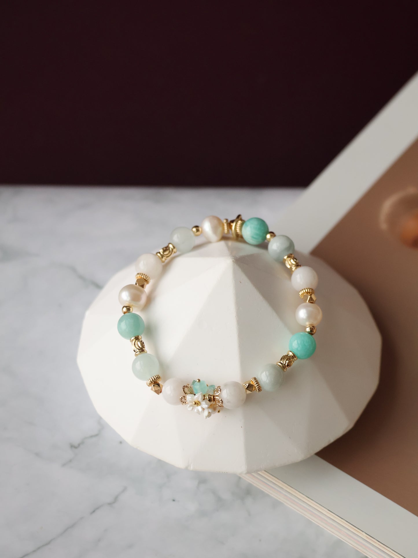 Amazonite, Freshwater Pearl, Aquamarine & Snow Garden Rose Quartz Crystal Bracelet — Freina | 8mm (Elastic)