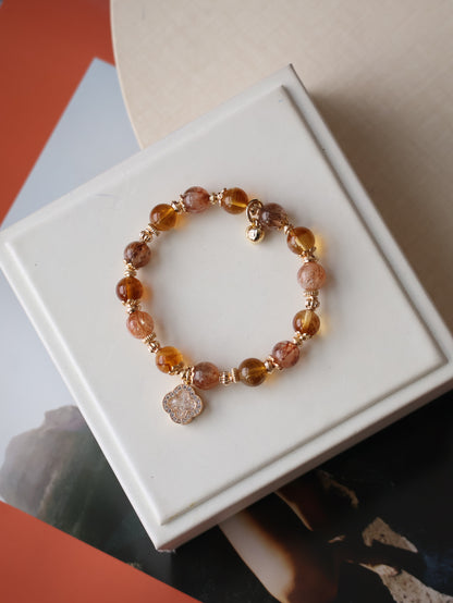 Citrine & Black Gold Super 7 Crystal Bracelet — Cordelia Twin Sparkly Clover | 8mm + 10mm (Elastic)