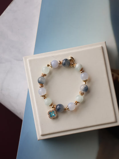 Blue Chalcedony, Aquamarine & Blue Rabbit Hair Crystal Bracelet — Cordelia Twin Sparkly Clover | 8mm + 10mm (Elastic)