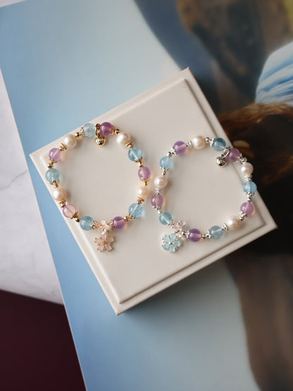 Ruby, Blue Topaz & Freshwater Pearl Crystal Bracelet with Flower Charm — Arendelle | 8mm (Elastic)