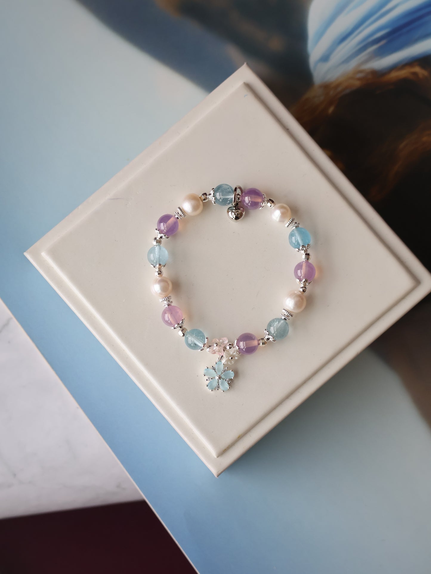 Ruby, Blue Topaz & Freshwater Pearl Crystal Bracelet with Flower Charm — Arendelle | 8mm (Elastic)