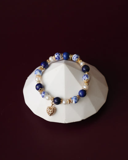 Lapis Lazuli Crystal Bracelet — Chinese Porcelain Inspired | 8mm (Elastic)