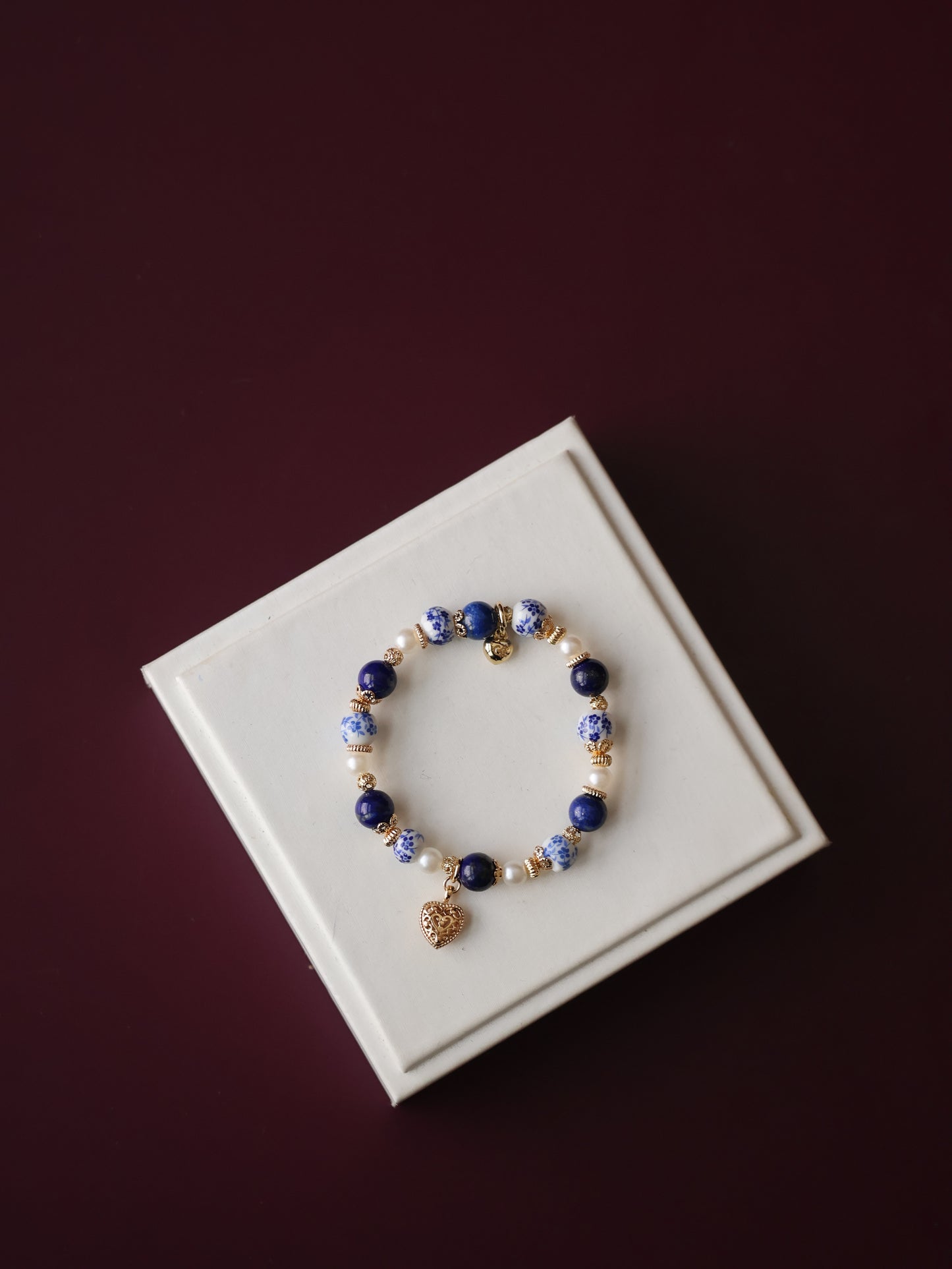 Lapis Lazuli Crystal Bracelet — Chinese Porcelain Inspired | 8mm (Elastic)