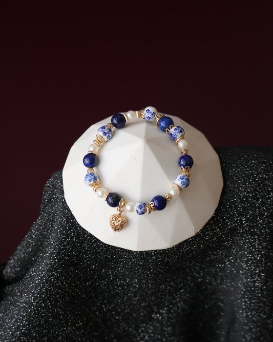 Lapis Lazuli Crystal Bracelet — Chinese Porcelain Inspired | 8mm (Elastic)