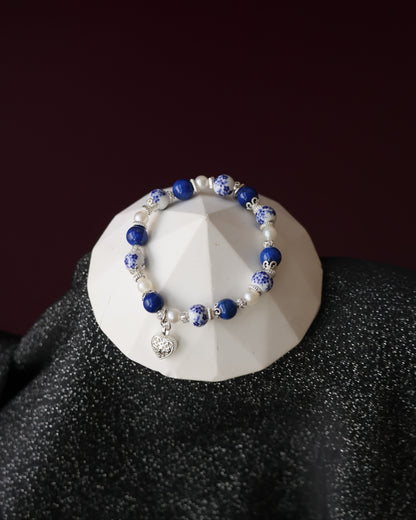 Lapis Lazuli Crystal Bracelet — Chinese Porcelain Inspired | 8mm (Elastic)