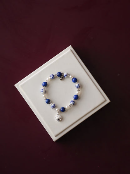 Lapis Lazuli Crystal Bracelet — Chinese Porcelain Inspired | 8mm (Elastic)
