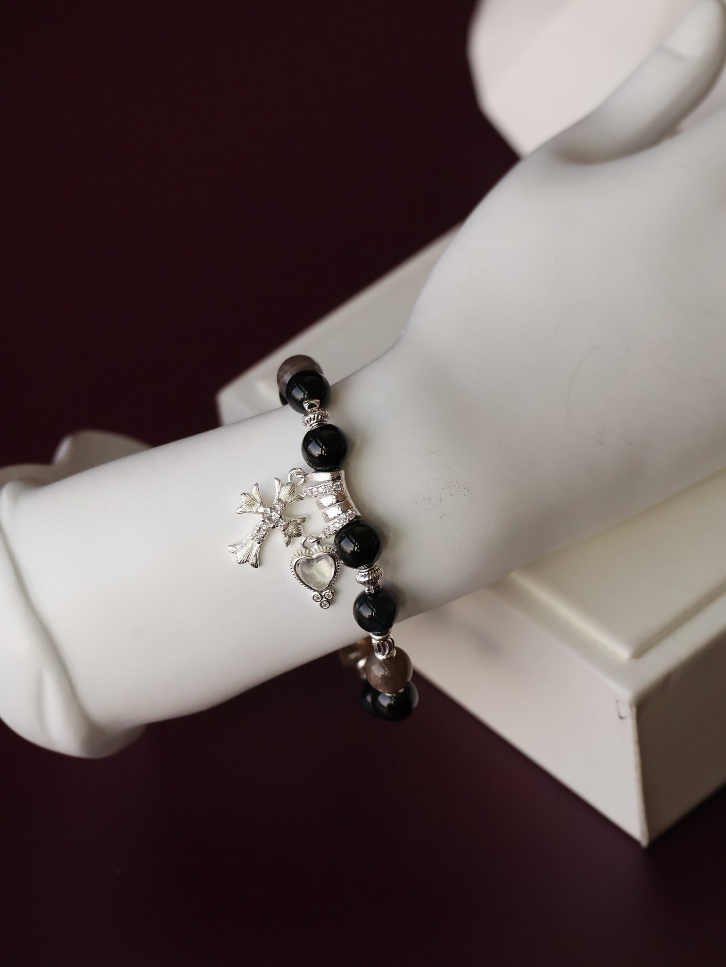 Black Tourmaline, Blue Tiger’s Eye & Black Gold Skeletal Sunstone Crystal Bracelet — Cross x Heart | 8mm (Elastic)