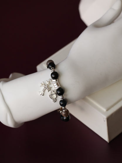 Black Tourmaline, Blue Tiger’s Eye & Black Gold Skeletal Sunstone Crystal Bracelet — Cross x Heart | 8mm (Elastic)