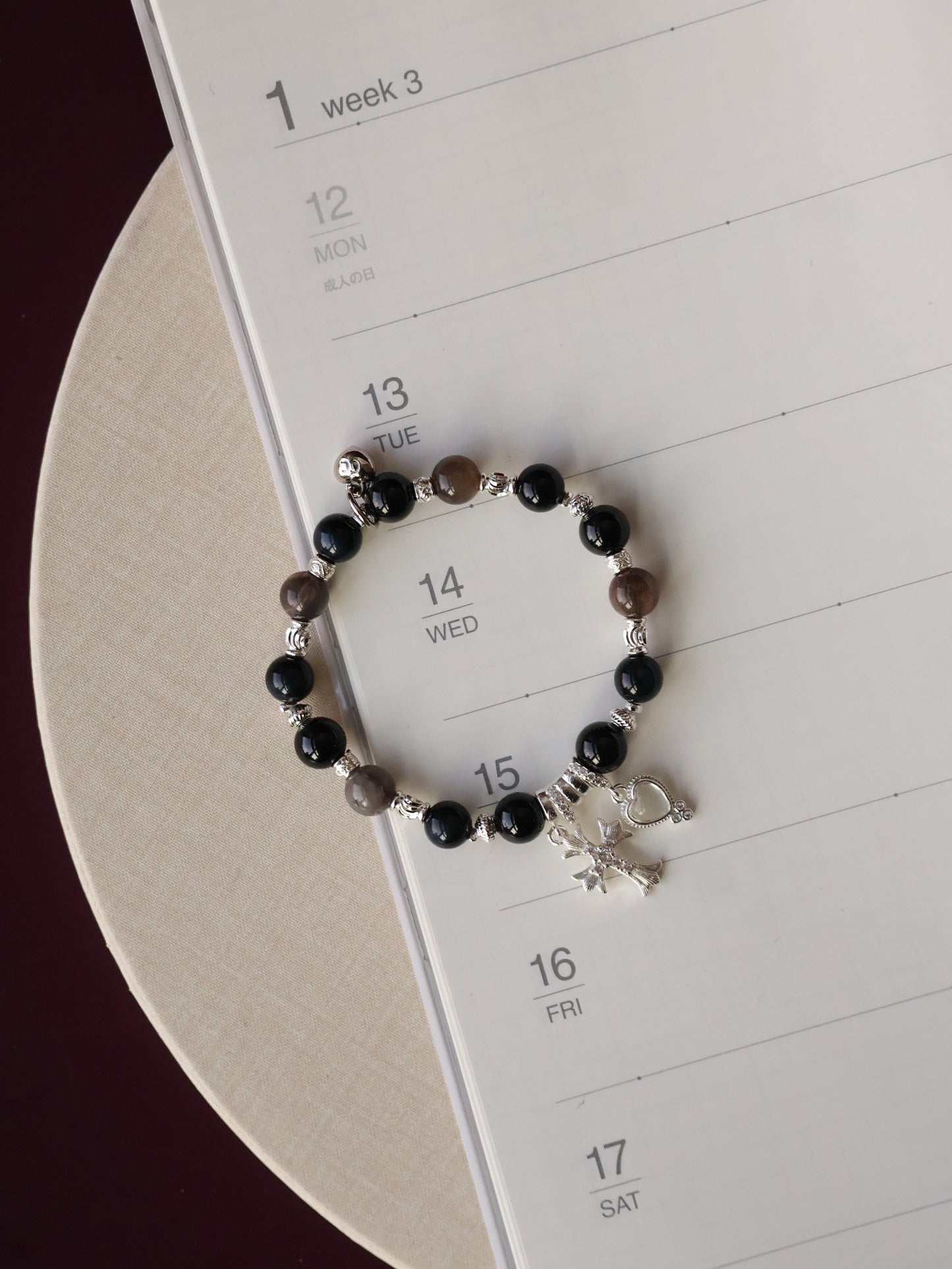 Black Tourmaline, Blue Tiger’s Eye & Black Gold Skeletal Sunstone Crystal Bracelet — Cross x Heart | 8mm (Elastic)