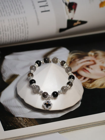 Black Strawberry Quartz, Black Tourmaline & Herkimer Diamond with Sparkly Black Clover — Cordelia Twin Crystal Bracelet | 8mm & 10mm (Elastic)