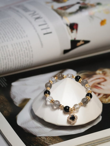 Black Strawberry Quartz, Black Tourmaline & Herkimer Diamond with Sparkly Black Clover — Cordelia Twin Crystal Bracelet | 8mm & 10mm (Elastic)