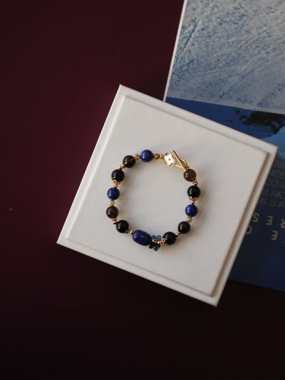 Lapis Lazuli Barrel, Black Obsidian & Smoky Quartz Bracelet — Lunaris | 8mm (OT Clasp, Elastic)