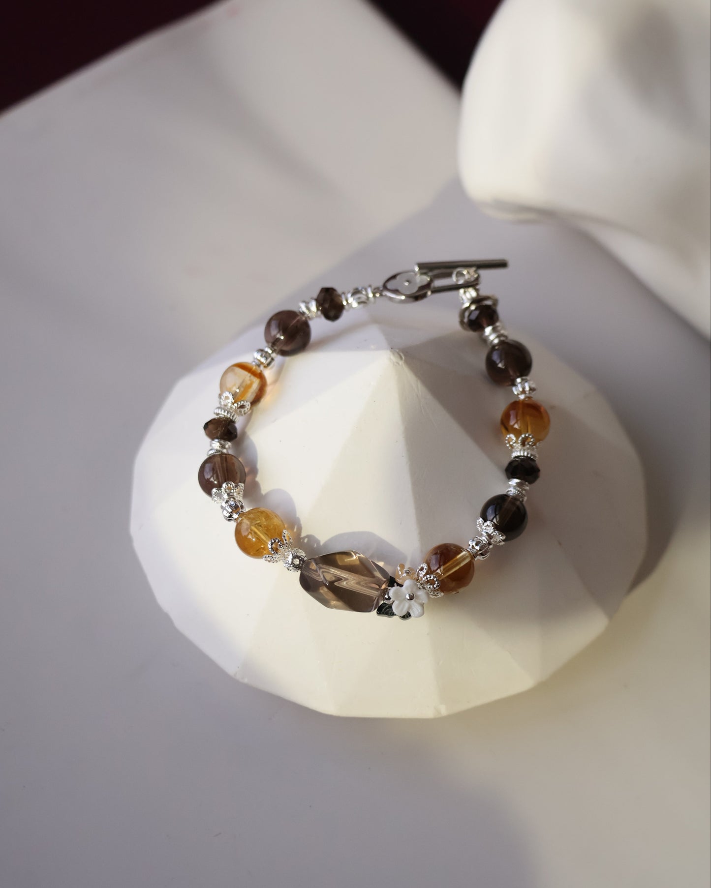 Smoky Quartz & Citrine Bracelet with Smoky Quartz Freeform — Midnight Shimmer | 8mm (OT Clasp, Elastic)