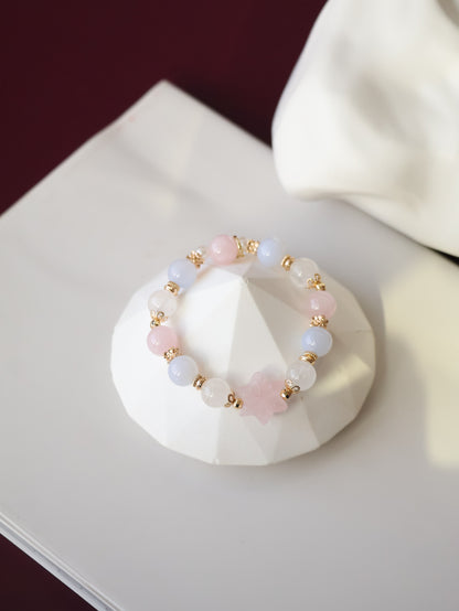 Blue Chalcedony, White Phantom Quartz & Rose Quartz Bracelet with Snowflake Carving— Starley | 10mm (Elastic)