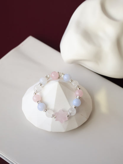 Blue Chalcedony, White Phantom Quartz & Rose Quartz Bracelet with Snowflake Carving— Starley | 10mm (Elastic)