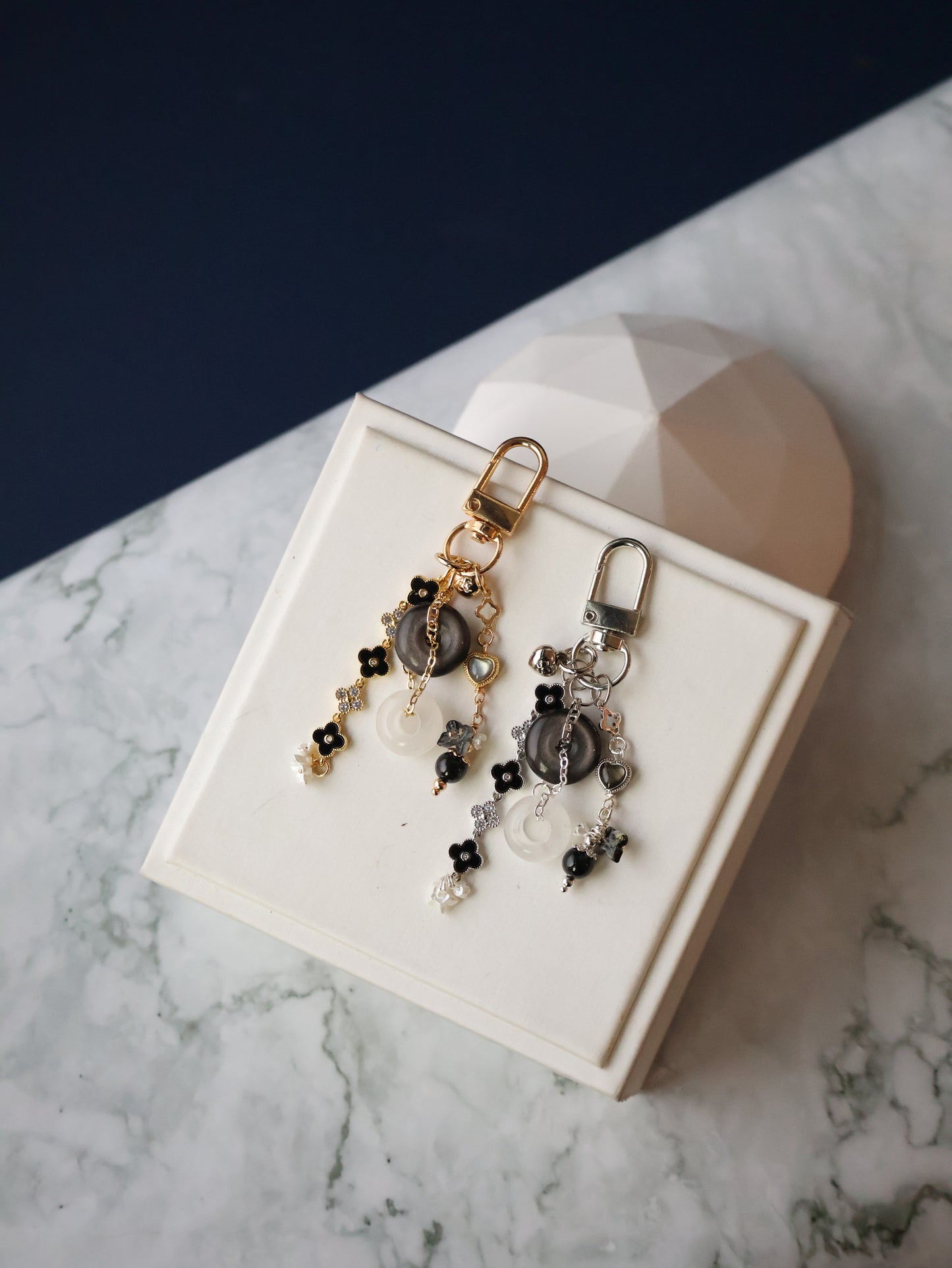 Black Obsidian, White Phantom Quartz & Hypersthene Crystal Keychain — Amorette Clover Ping An Kou